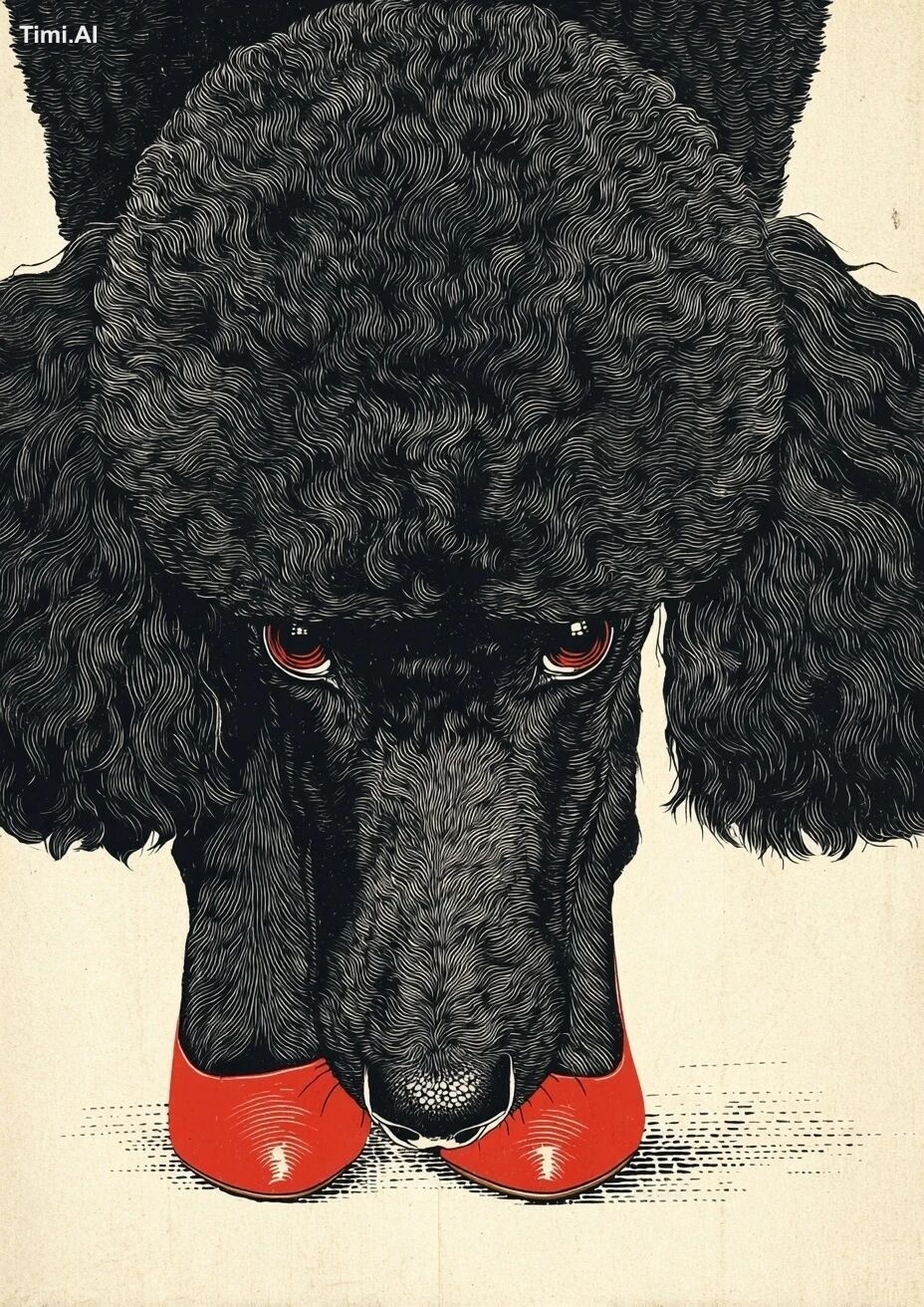 a japandi vintage poster, woodblock print, of a black poodle, face forw…