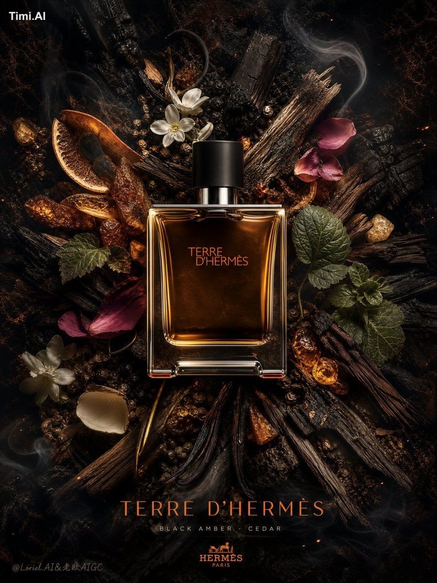 Create an ultra-premium fragrance poster for Hermès Terre d’Hermès, des…