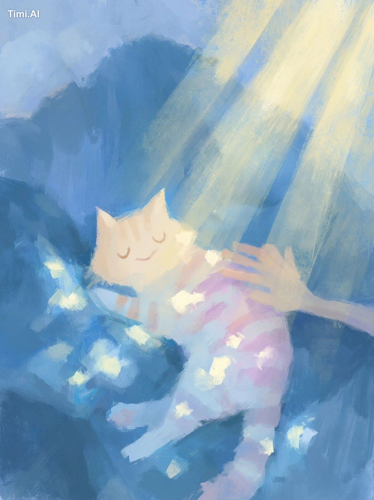 a digital painting in cool tones depicts a light orange and white strip…