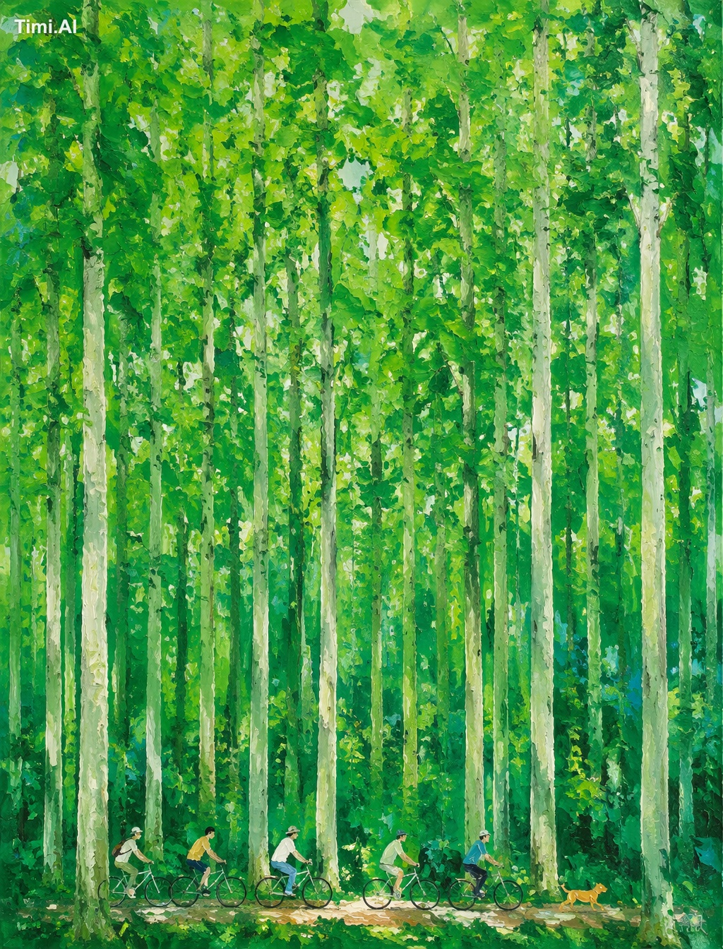 Vertical textured oil painting, dense tall metasequoia forest with pale…