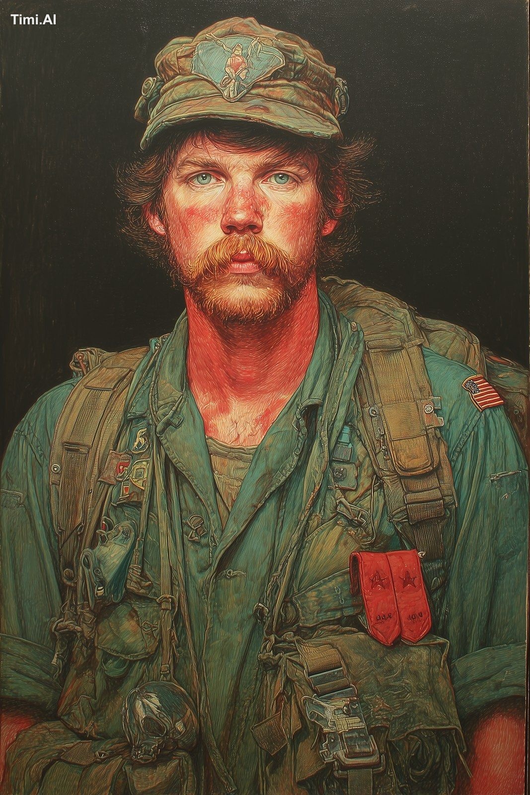 The American military soldier from 1980s, hyperrealistic oil portrait, …
