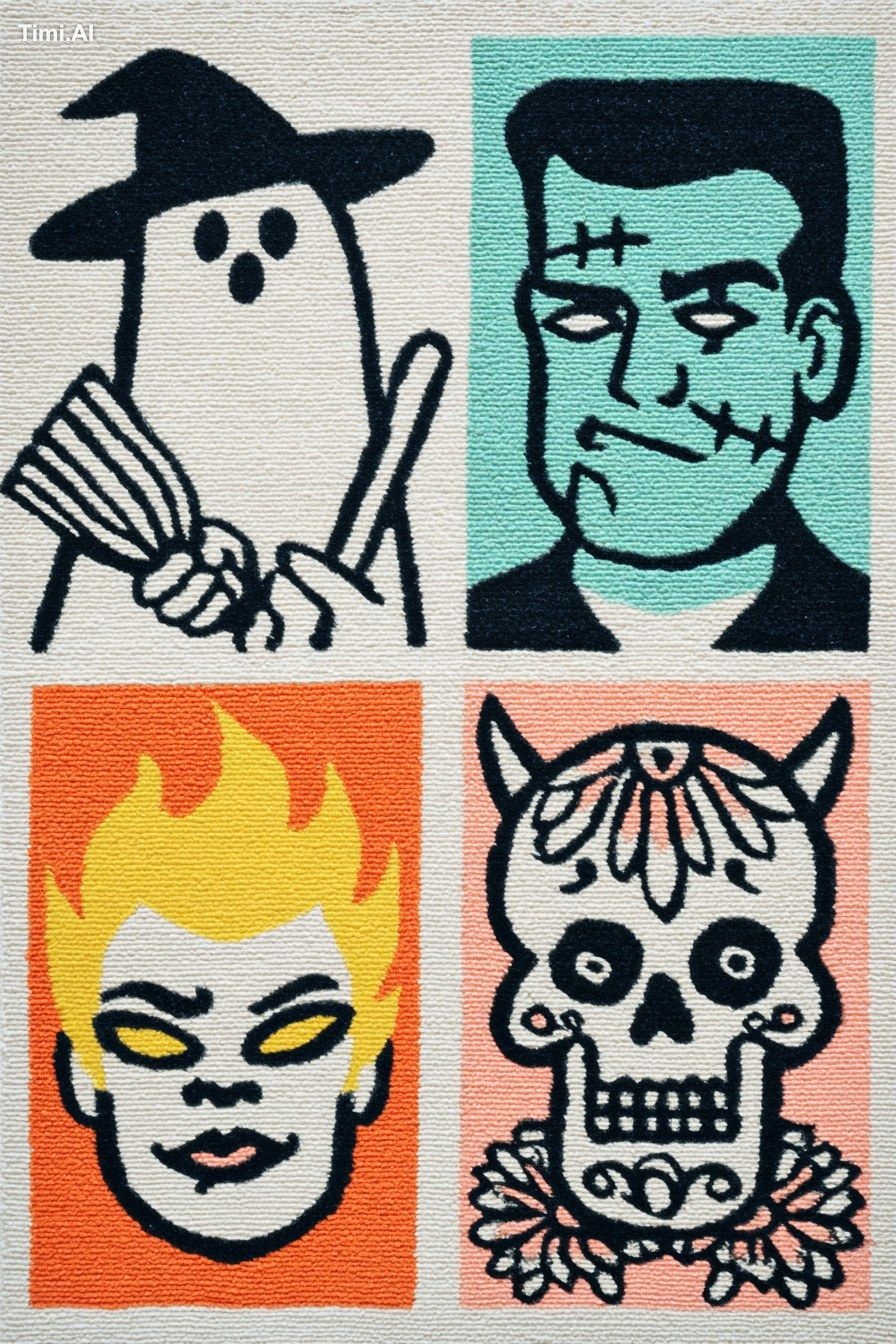 A bold retro cartoon rug featuring four edgy ghostly figures, arranged …