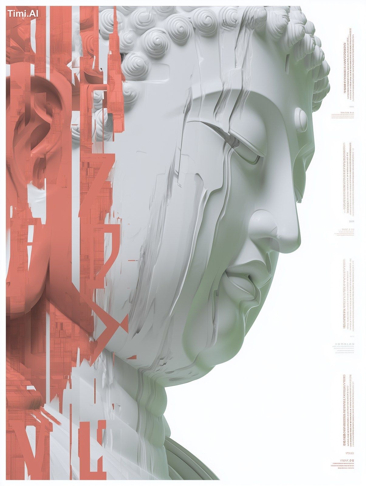 A glitch art-inspired Buddha with fragmented digital overlays and unexp…