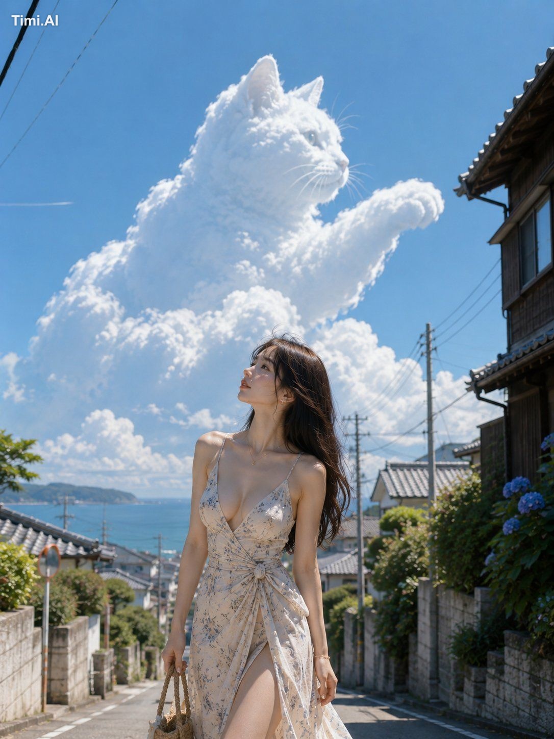 坂の向こうで、夏空の猫がそっと前足を伸ばしていた。 見上げたまま、少しだけ歩くのを忘れる。🐈☁️🌊✨ #AIart #AI写真 #夏空 【…