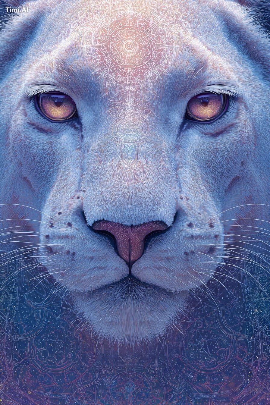 fantasy colorful detailed white puma face ig front view shines eyes oil…