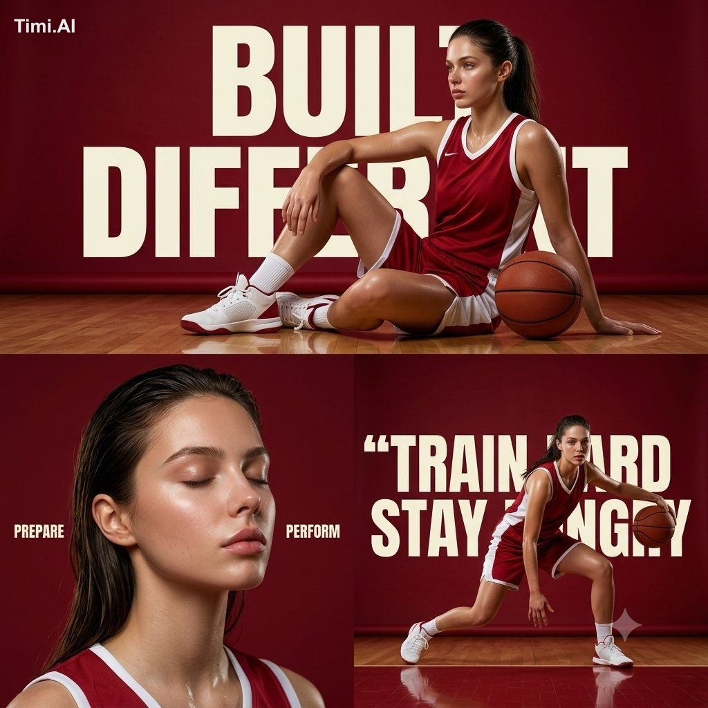 Ultra-premium sports editorial poster collage of a powerful female bask…