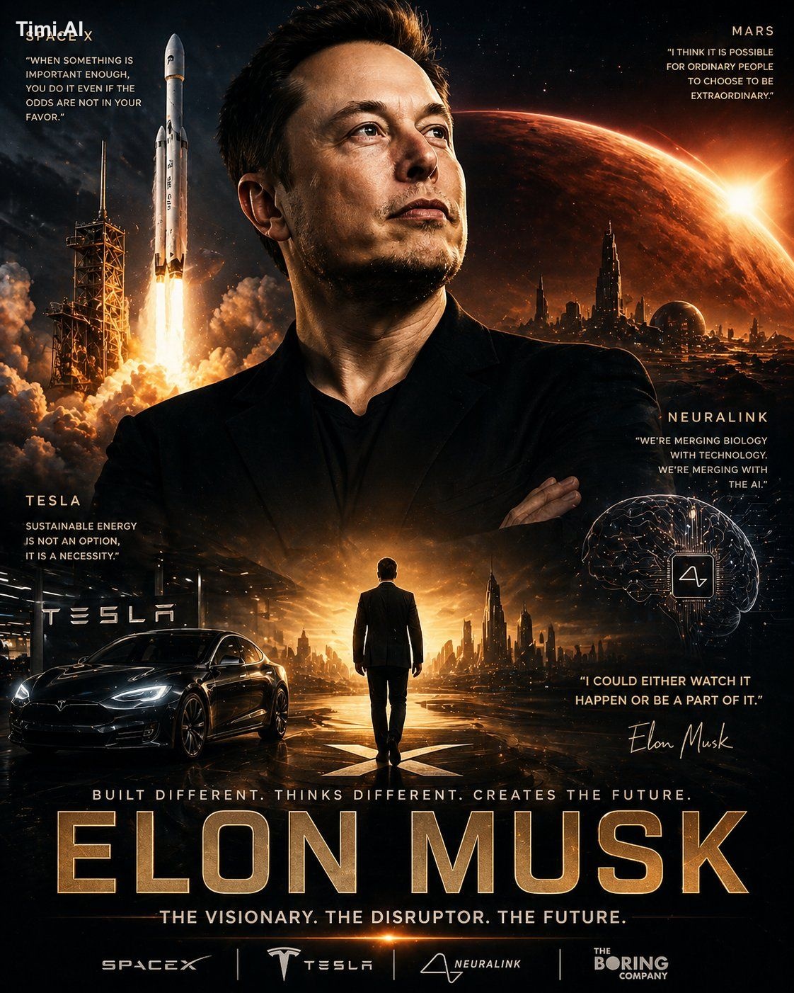 Create a high-end cinematic poster inspired by Elon Musk, using the pro…