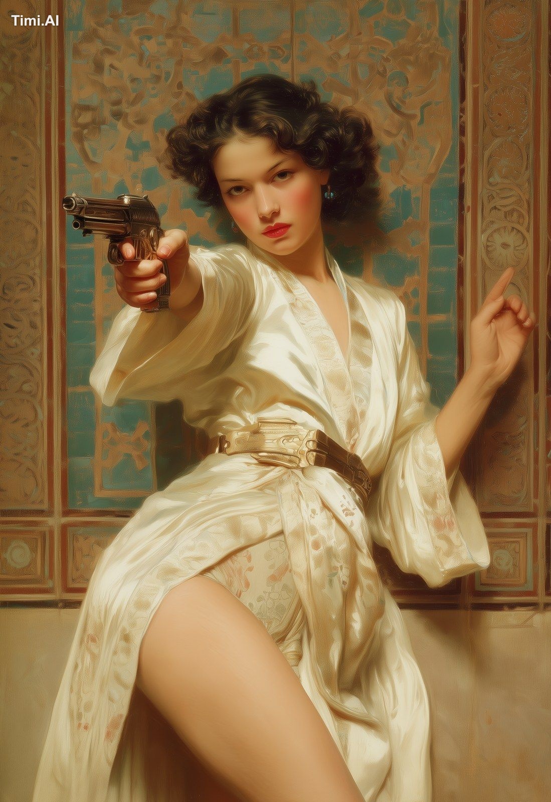 a futuristic pop space wench in a silk robe, beautiful eyes and full li…