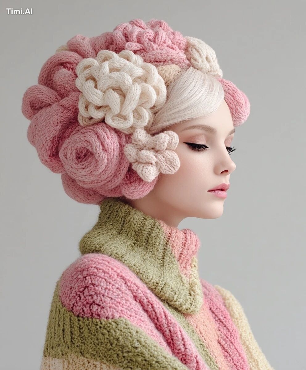 a beautiful woman with a knitted, pink, and huge flower-shaped hairstyl…