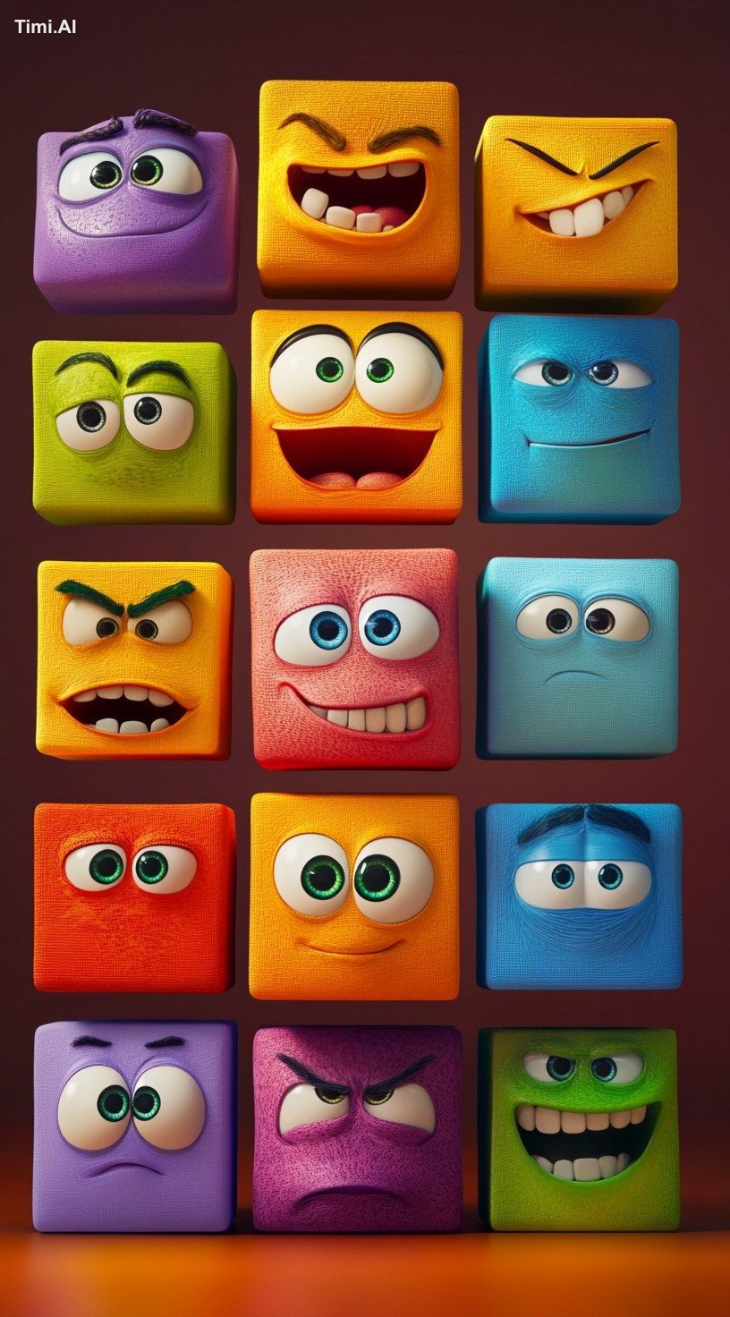 A poster of different dumn faces in cubes, in the style of Pixar. --ar …