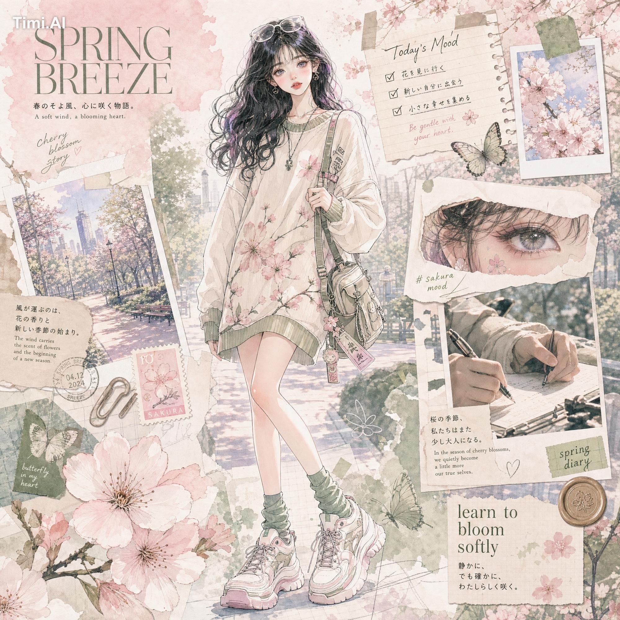 Create a premium vertical fashion collage poster in dreamy Korean-Japan… 1
