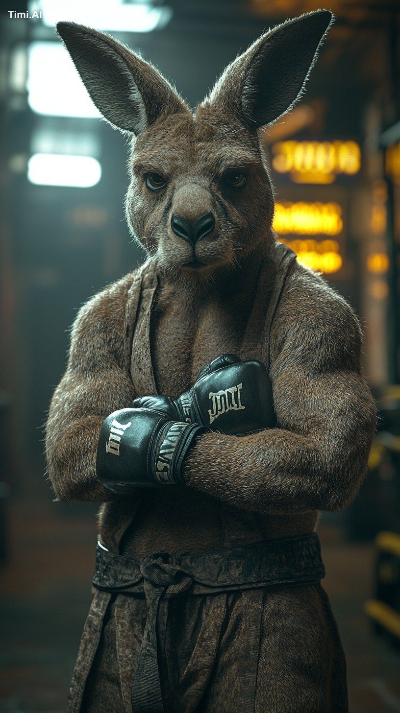 A jacked kangaroo with oversized pecs and thick arms, shadowboxing in a…