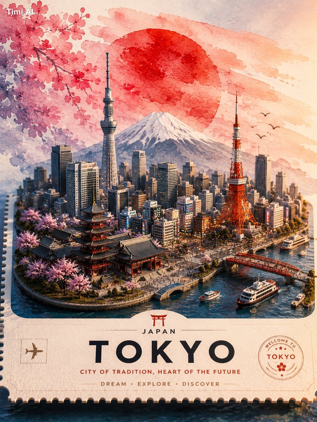 Ultra-detailed vintage travel poster illustration of Tokyo, Japan, desi…