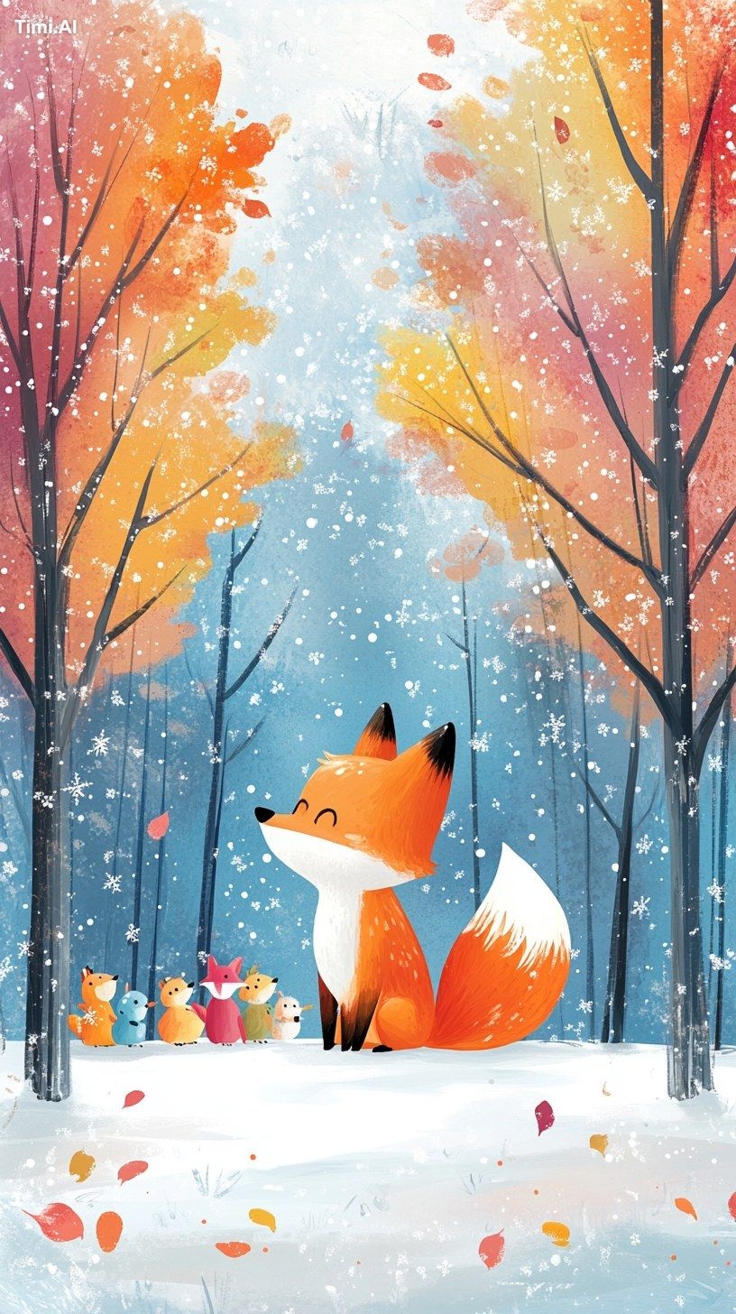 A cartoon fox learns to paint and decorates a snowy forest with vivid g…