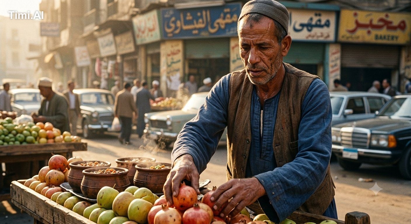 Early morning street market in downtown Cairo 1970, street vendors sett…