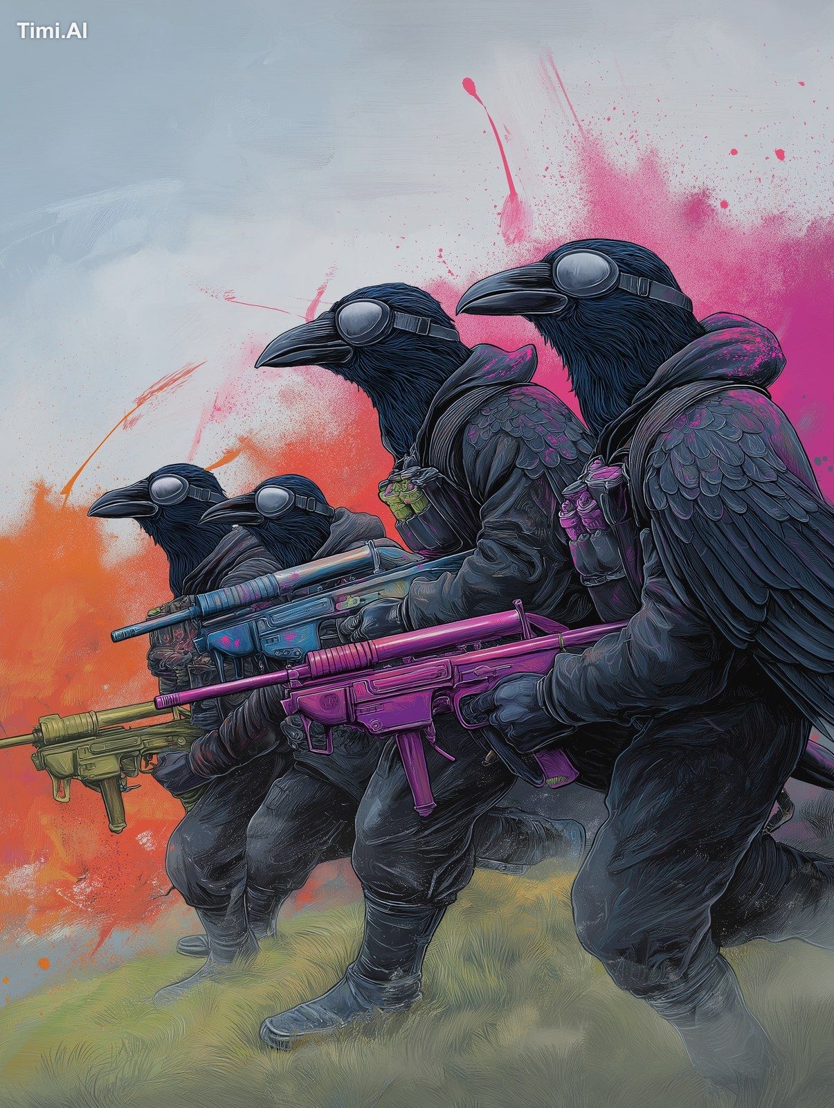 squad of humanoid raven birds fighting with paintball guns --ar 3:4 --v…