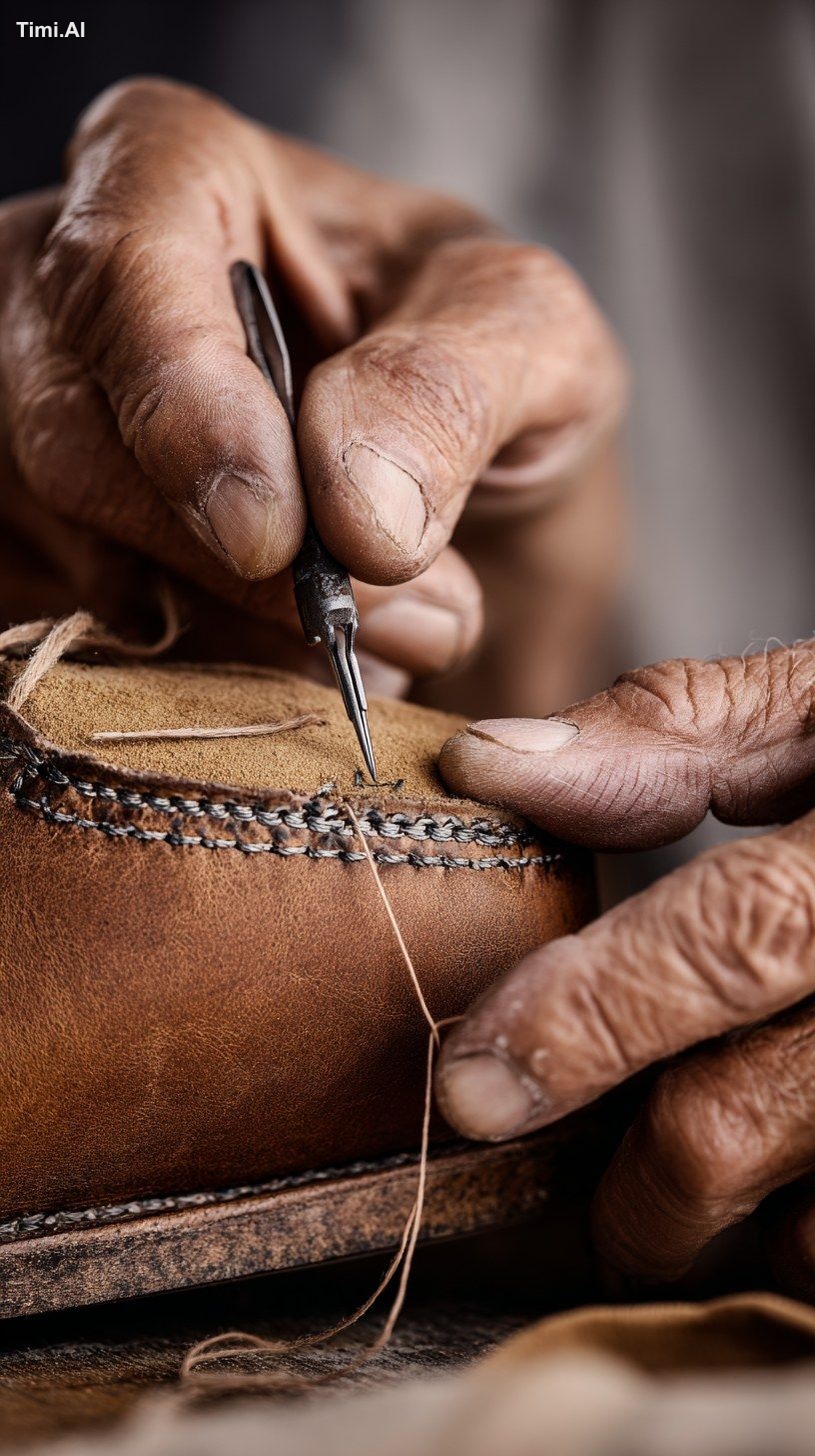 Minimalist stock image of a shoe repair craftsman stitching a leather s…