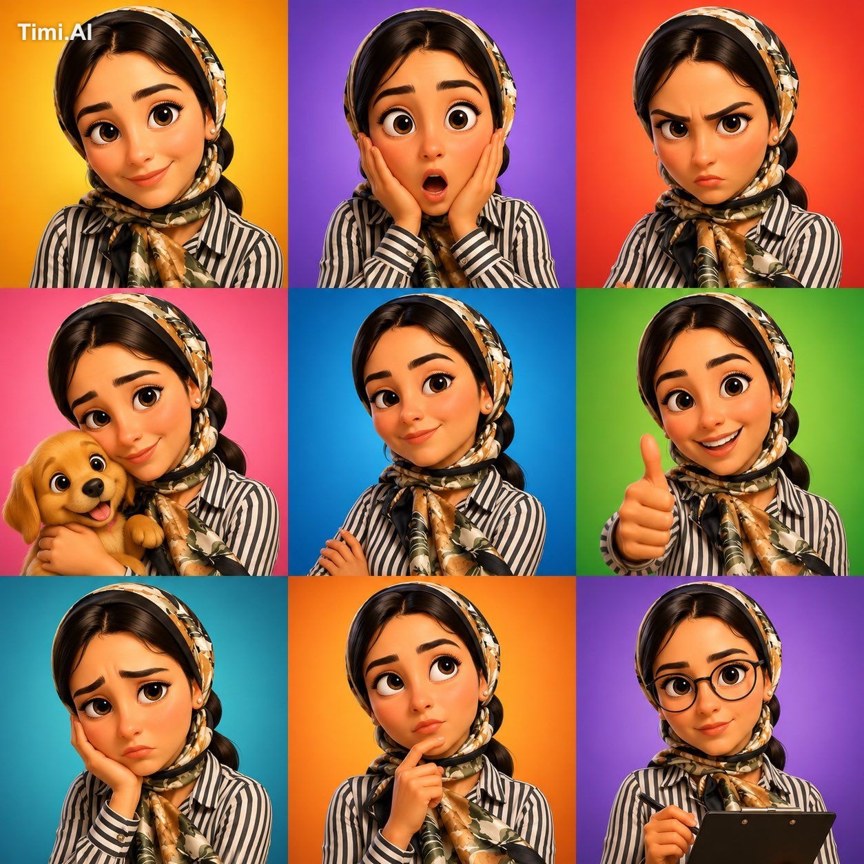 3D cartoon avatar character showing different emotions arranged in a 3x…