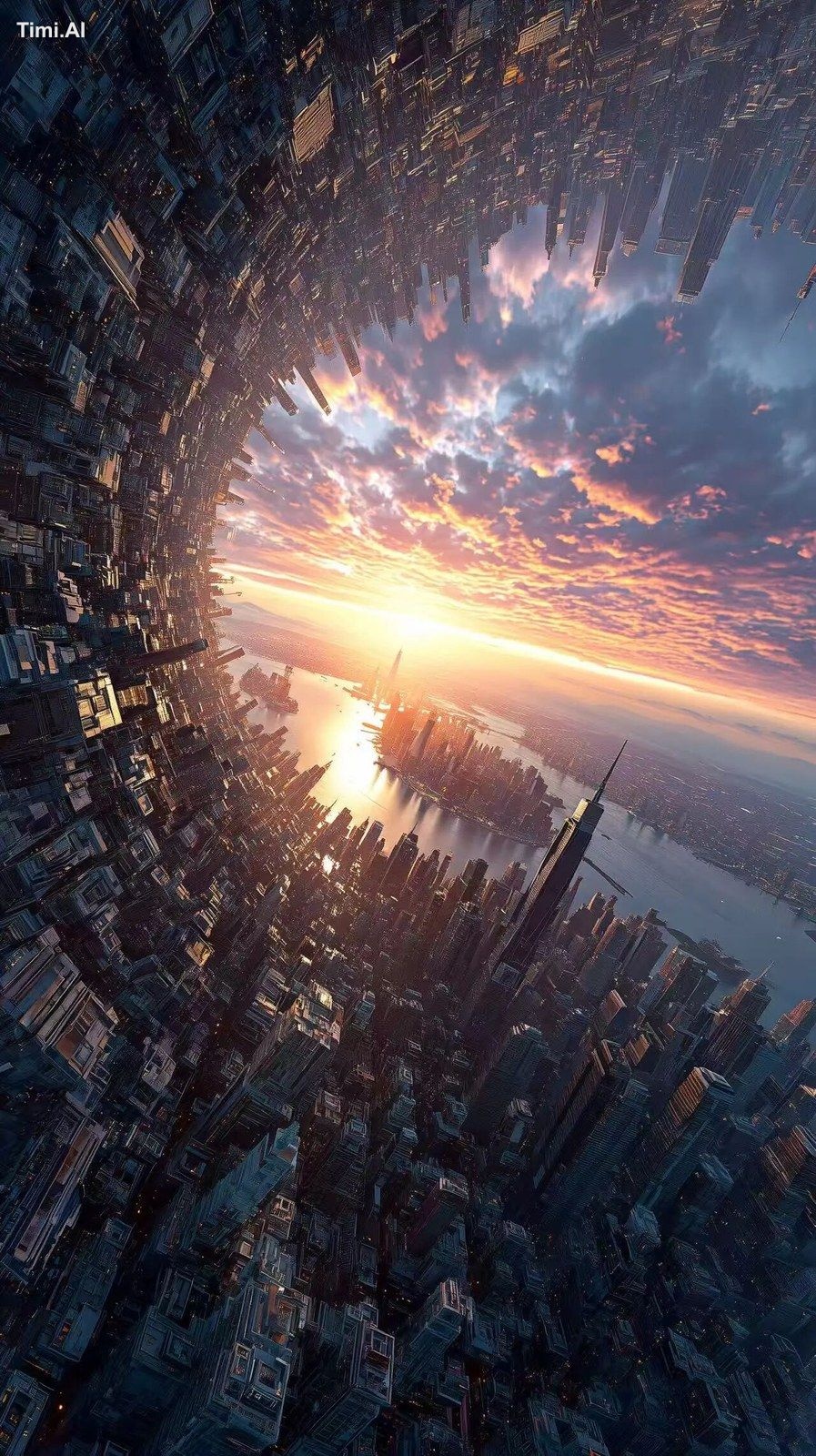 Inception city folding at dusk; aerial view; 35mm lens; warm golden hou…