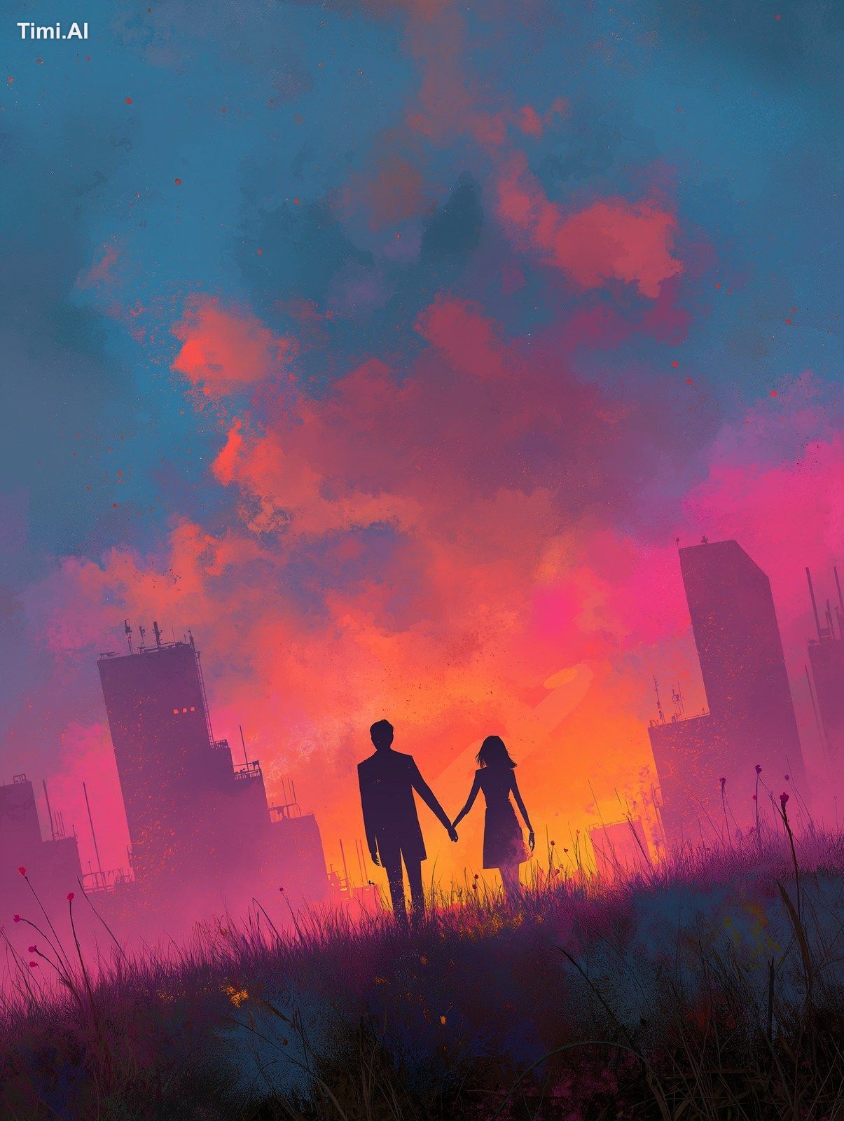 Scenic stylistic image including a man and woman holding hands, symboli…