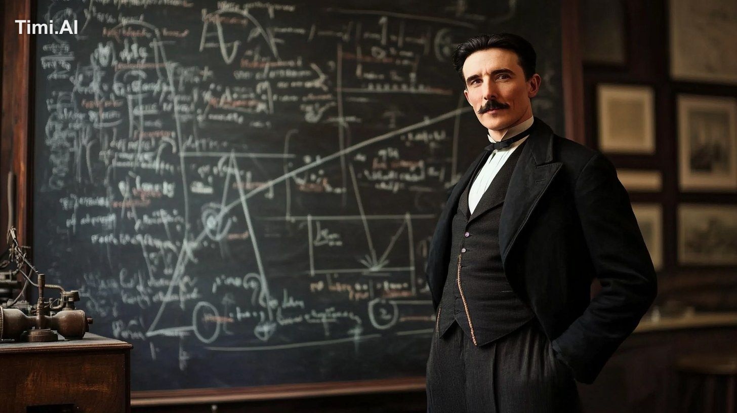 Nikola Tesla standing beside a chalkboard covered in complex energy equ…