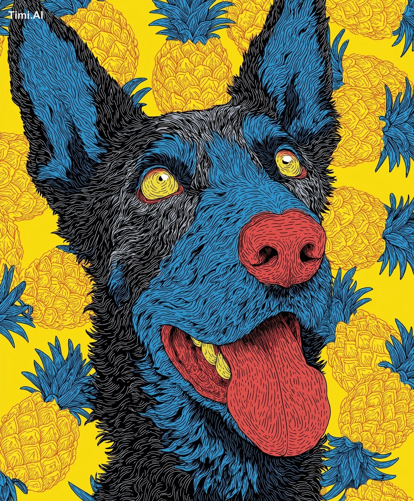 a black dog with blue ears and a red nose, tongue out, surrounded by co…