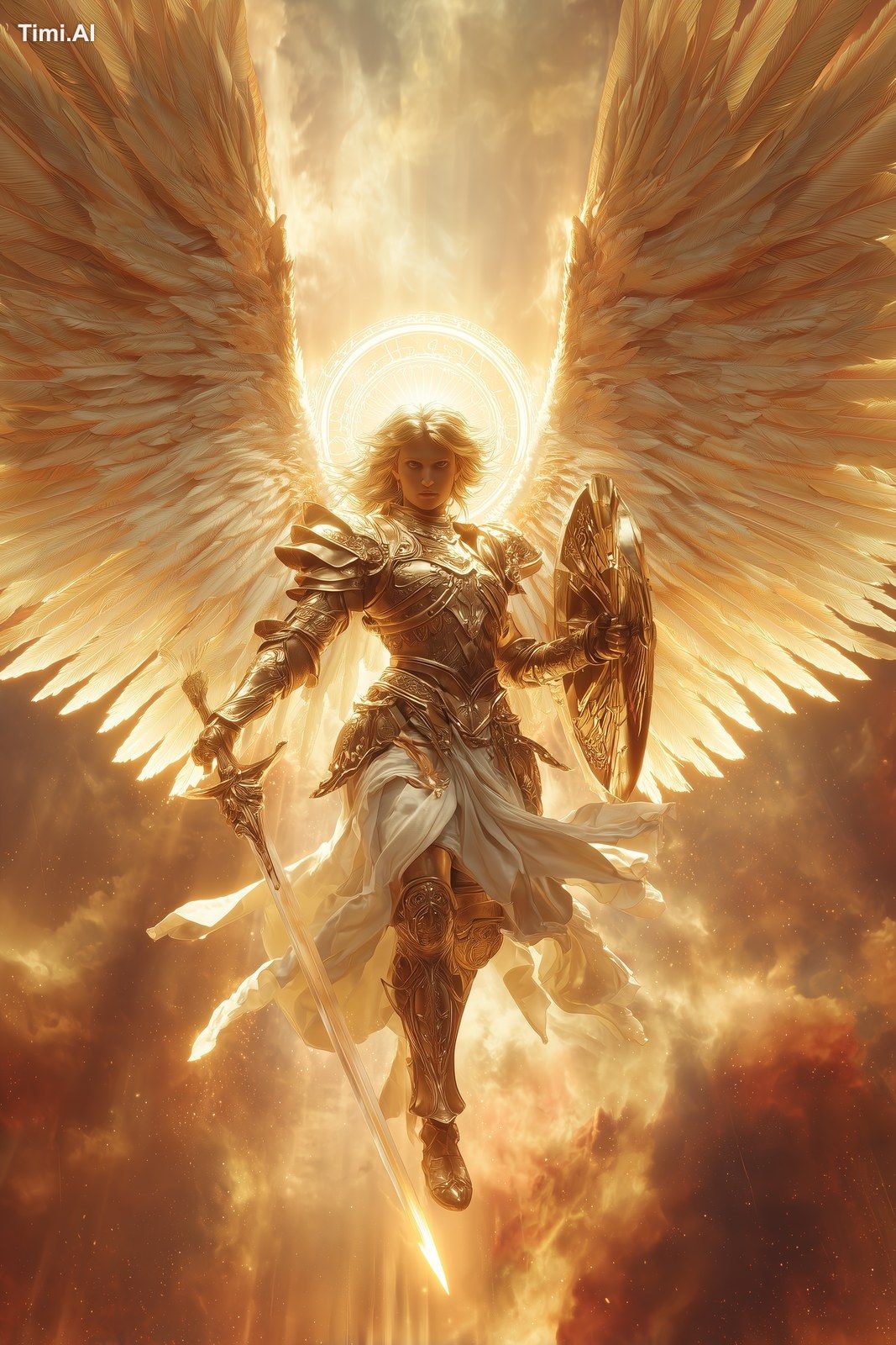 a male seraphim angel floating high above a battlefield, huge radiant w…