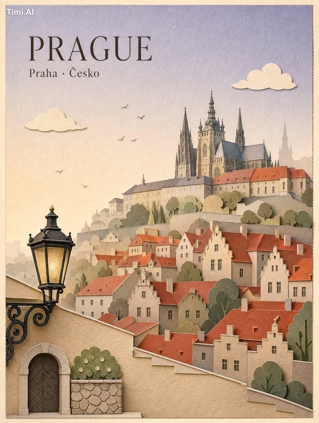 Create a premium vintage travel poster in an elegant handcrafted layere…