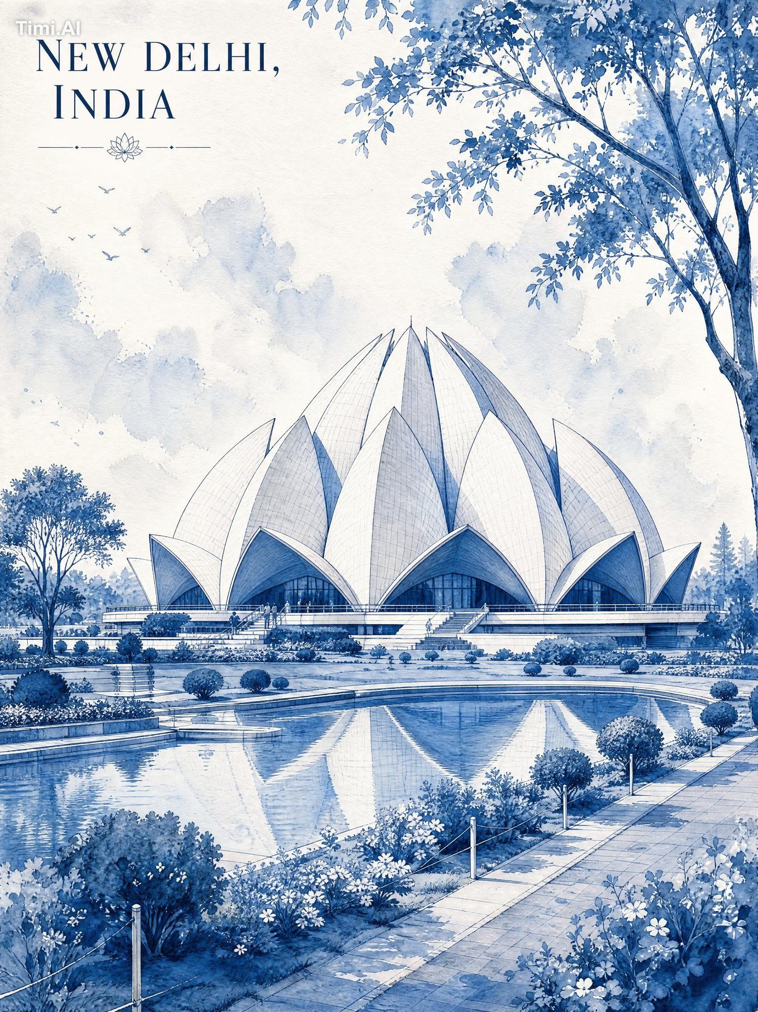 Minimalist vintage watercolor travel poster illustration of the Lotus T…
