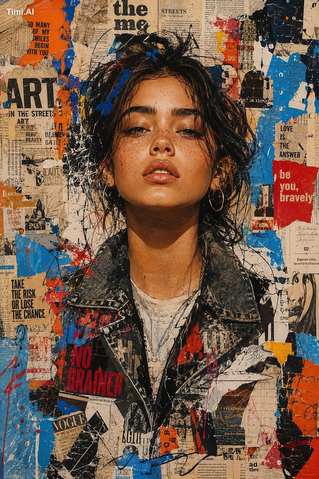 Ultra-detailed mixed-media urban portrait of a stylish young person, ce…