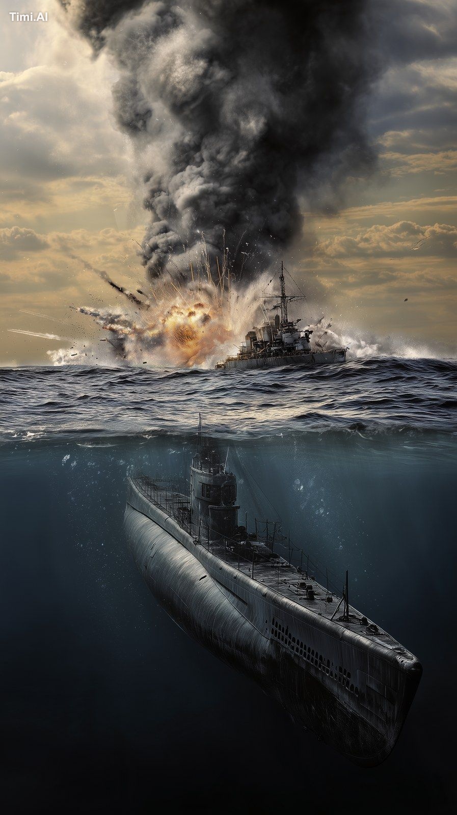 Gato class WW2 Submarine in an emergency dive, show half above water wi…