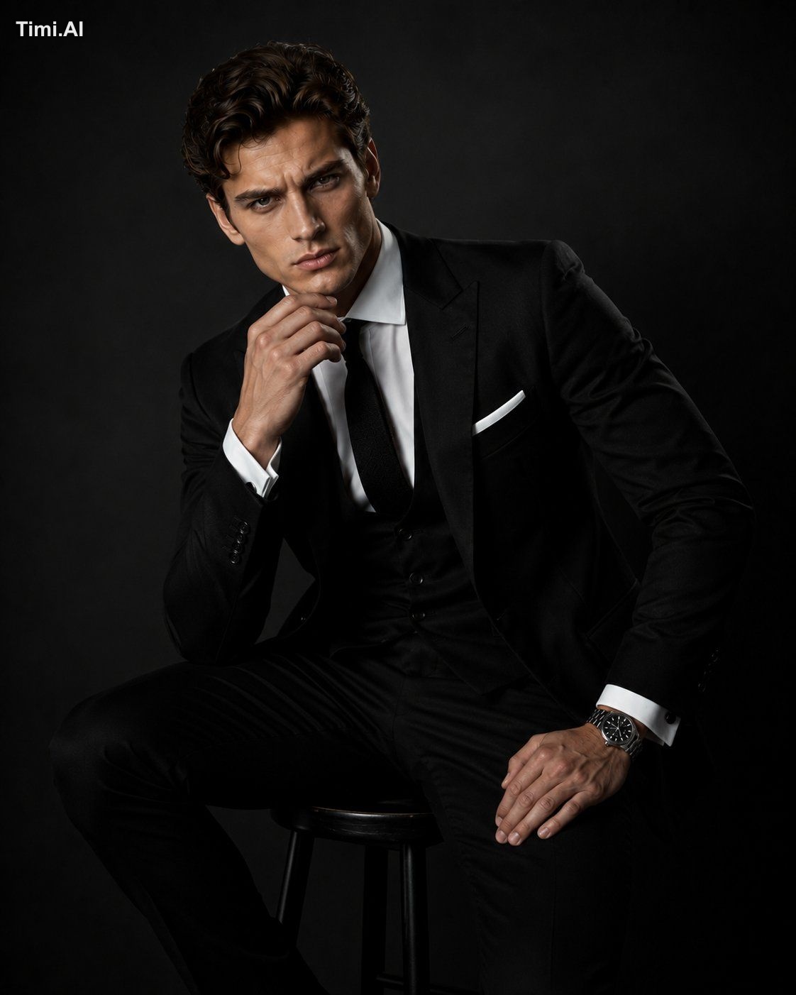 A handsome young European man in a high-end fashion studio photoshoot, …