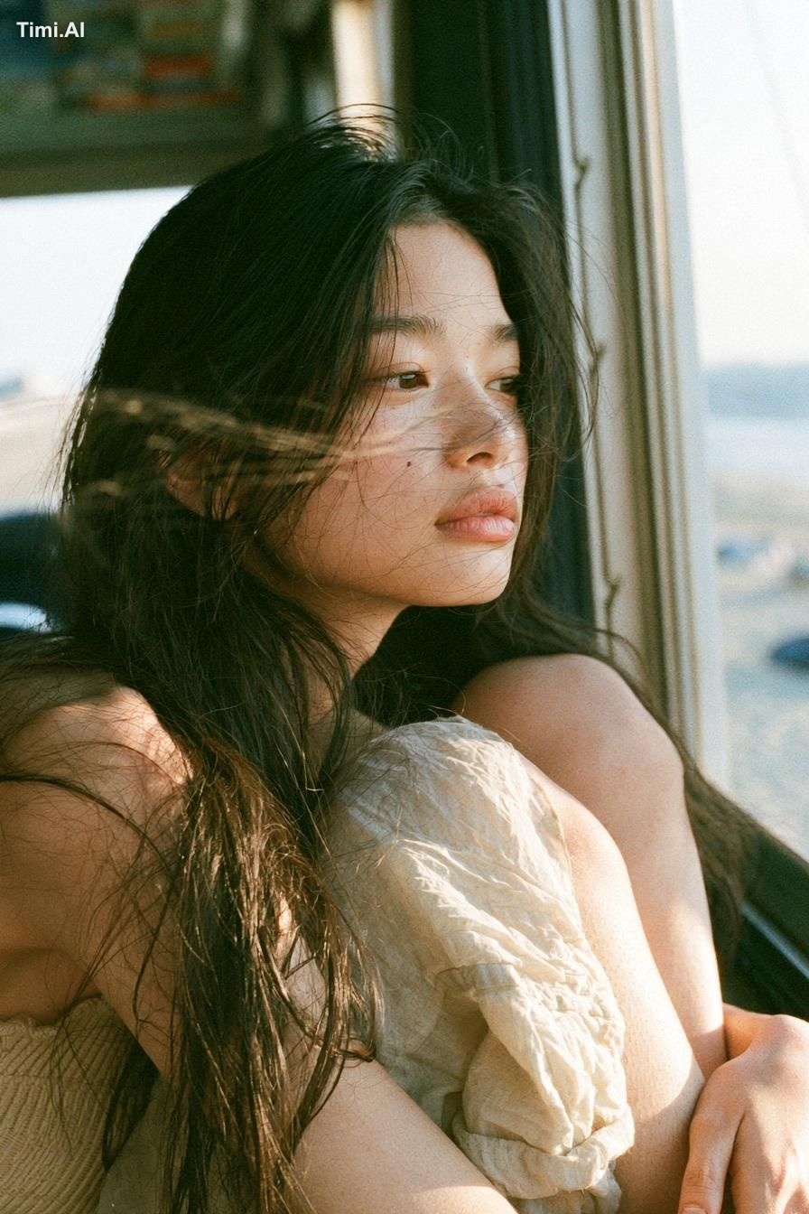 A melancholic young East Asian woman with long, slightly messy black ha… 2