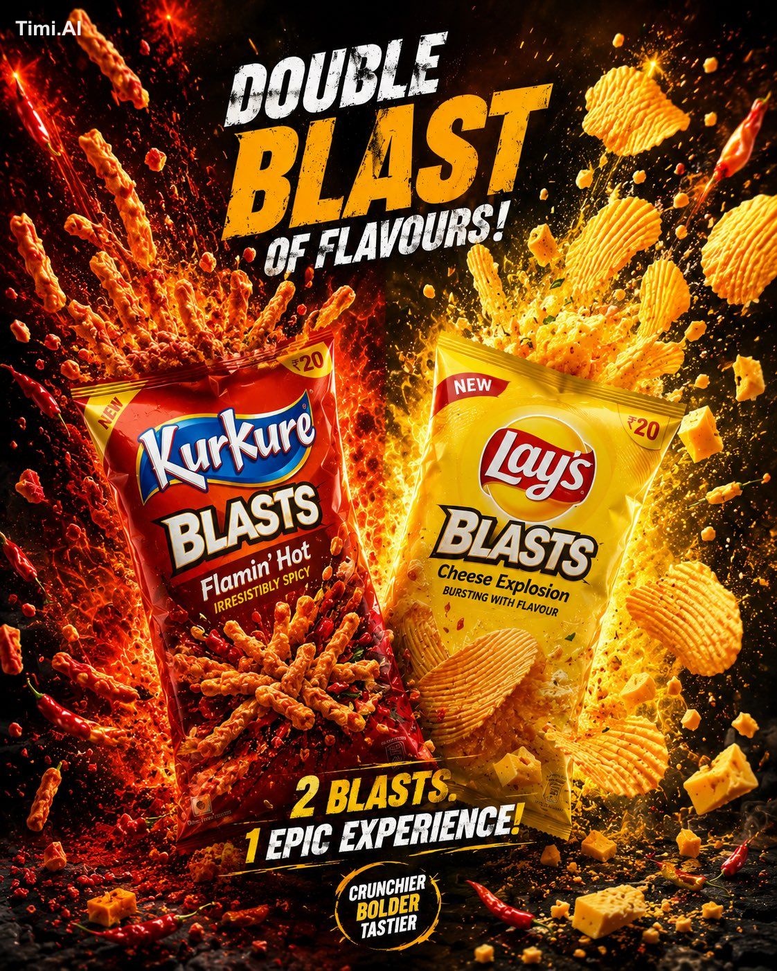 Ultra-premium snack advertising poster featuring Kurkure Blasts and Lay… 1