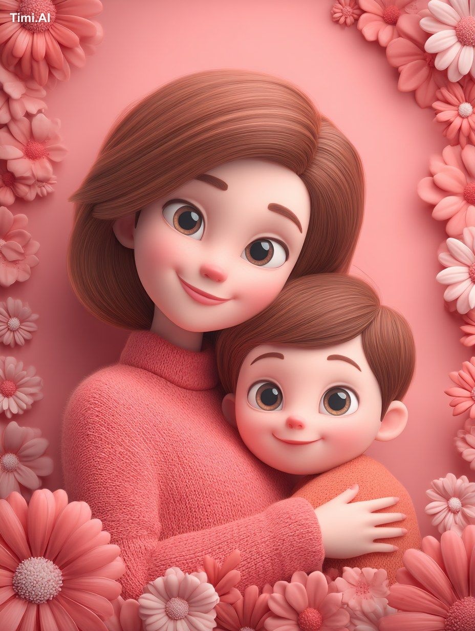 Pixar style 3D depicts a happy mother and child, with a pink background…
