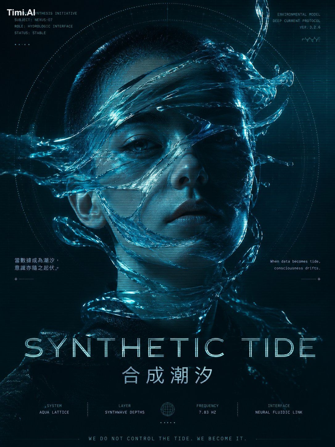 生成一张竖版 3:4 赛博人像概念海报，主题为「【主题名称】」。 画面主体是一位未来感人物半身或侧脸人像，人物气质冷静、克制、神秘，不要夸张表… 1