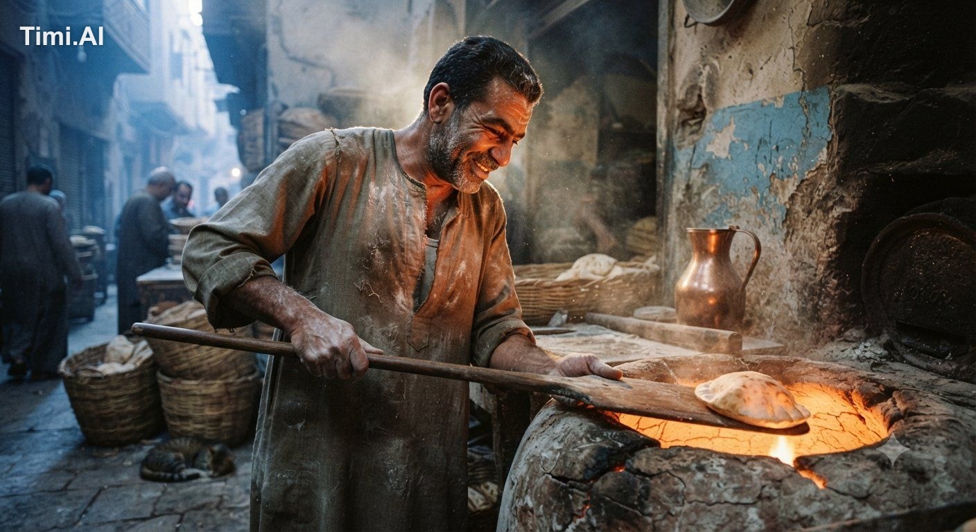 Busy traditional Egyptian bakery in a narrow Cairo alley at sunrise 197… 1
