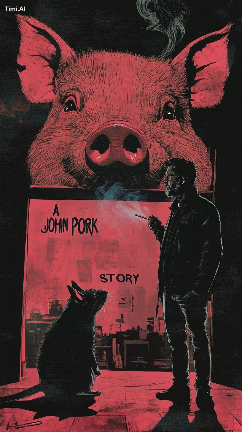 A SAD comic book cover of a huge humanoid pigs head floating fading in …