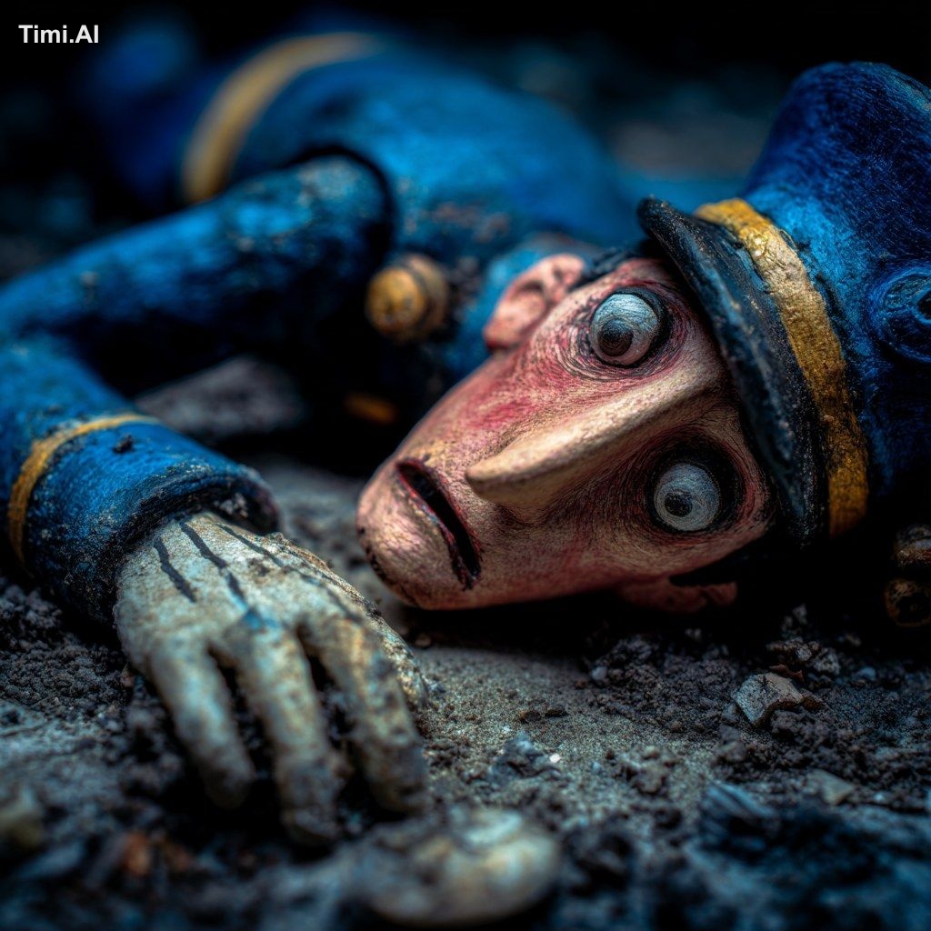 police officer limbs on the floor, sculpted in clay in form of puppet i…