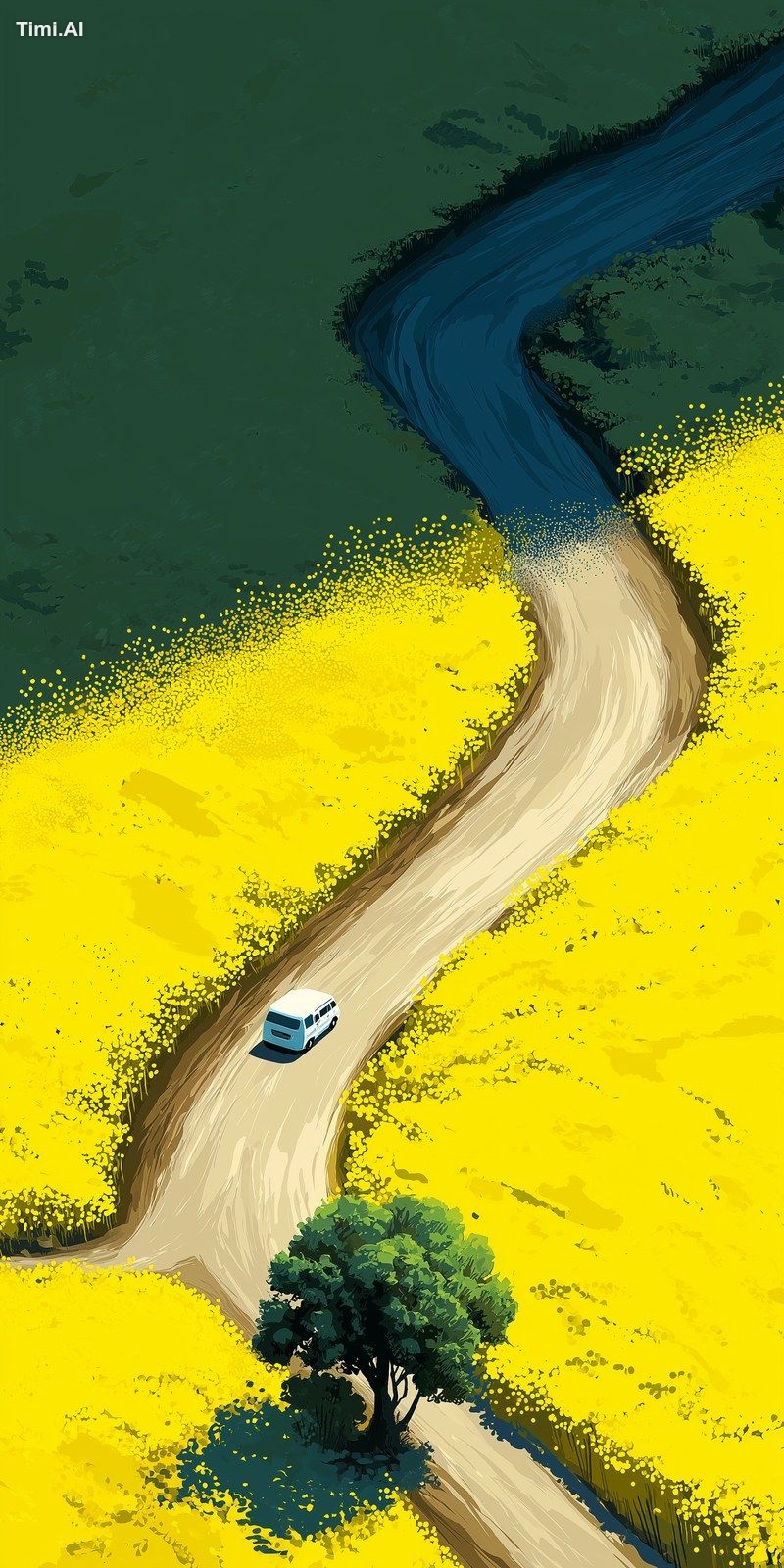 an aerial view of a white van driving along an S-shaped country road th…