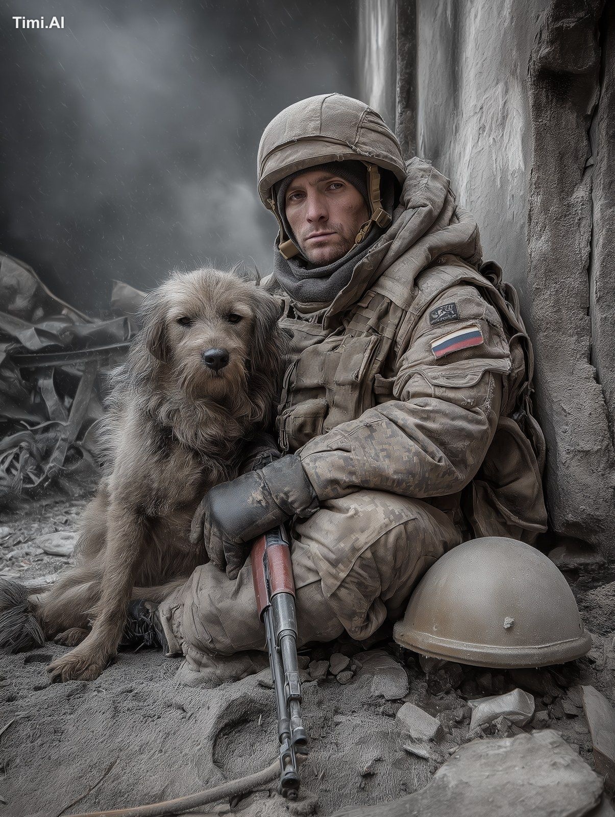 hyper-realistic photo of a Russian soldier sitting on the ground agains…