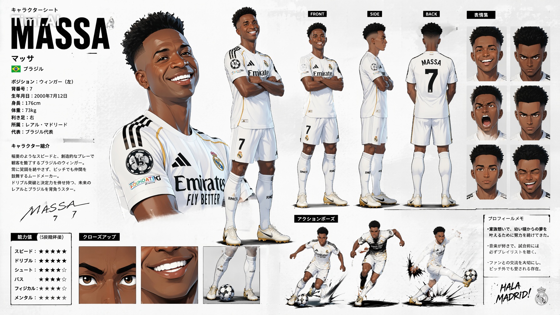 Create a character sheet of this brazil player called MASSA with closeu…