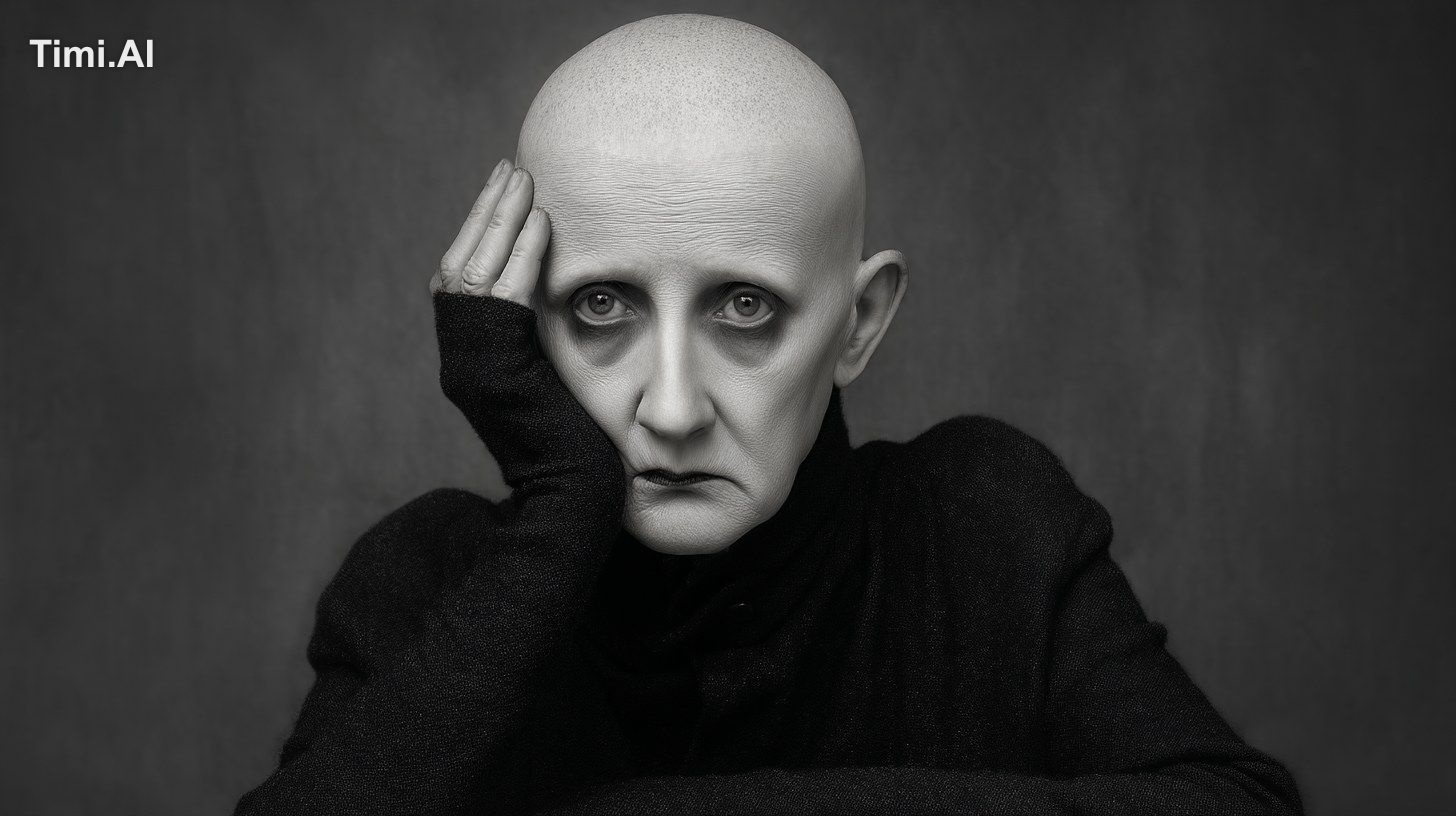 sad miserable frowning old unhappy desolate person in the style of Clau…