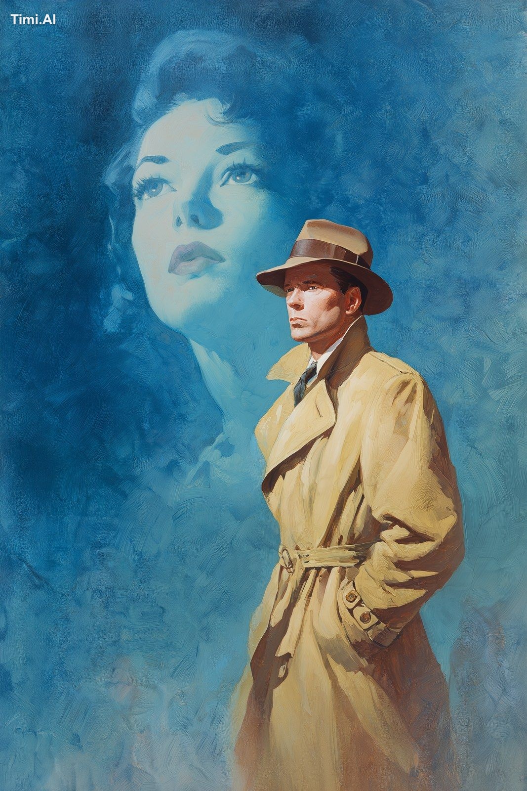 a color painting in the 1940's pulp-noir style of a male detective in a…