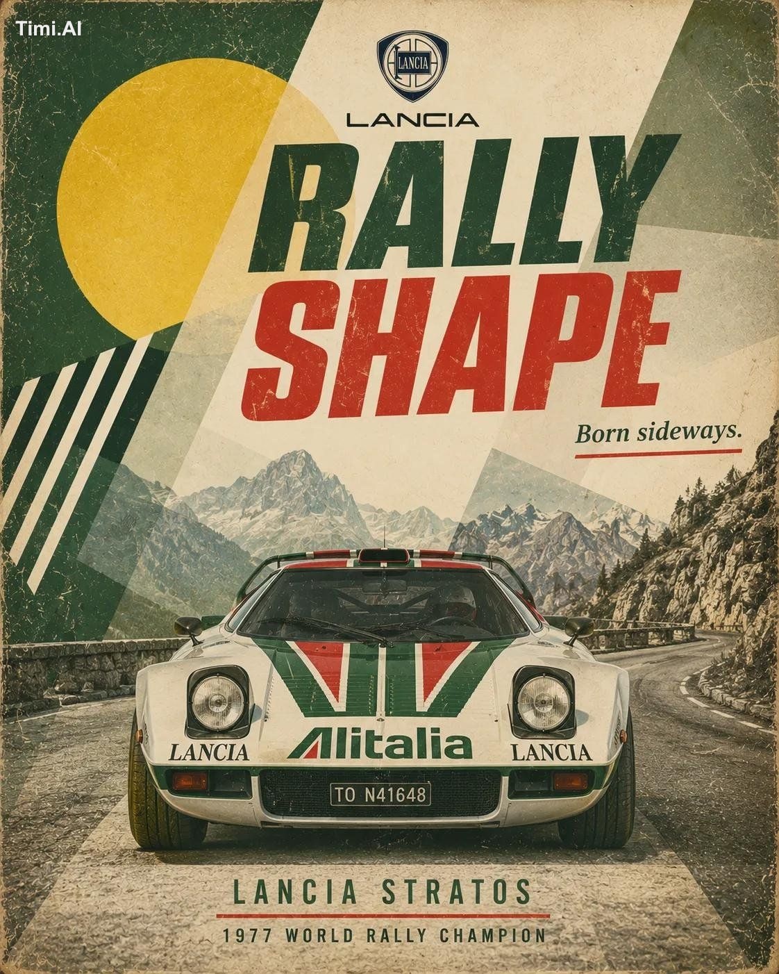 Retro motorsport poster for [CAR], 4:5 vertical. Show a front-facing lo… 3