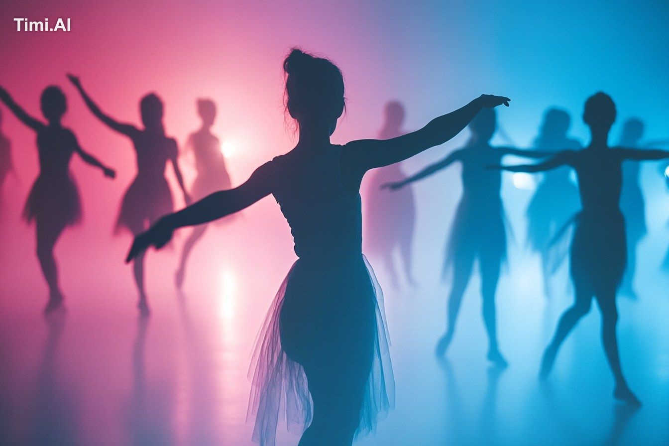Silhouettes of dancers, women and children, dressed in clothes for danc…