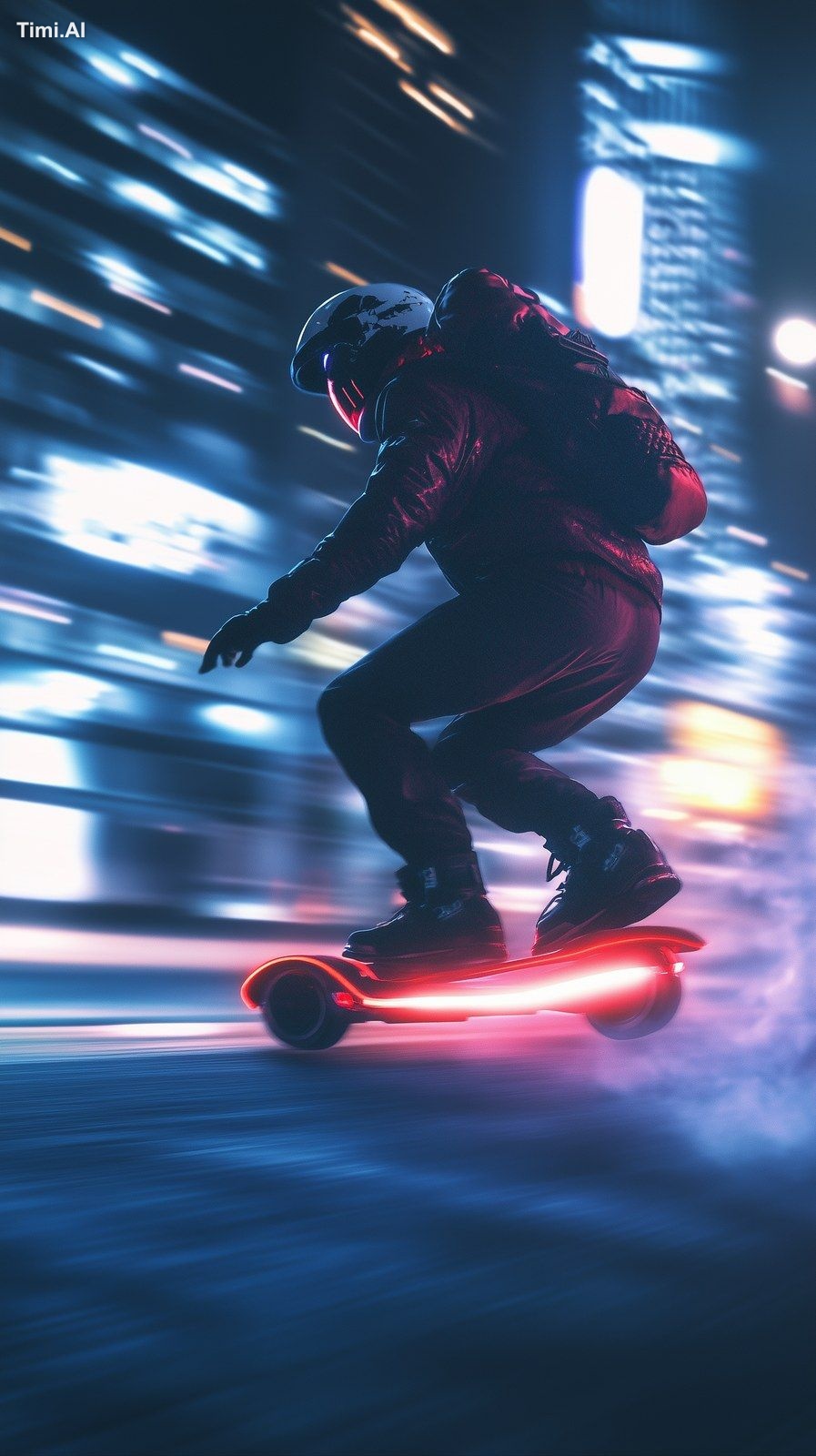 A person dressed in futuristic fashion speeds down the street on their …