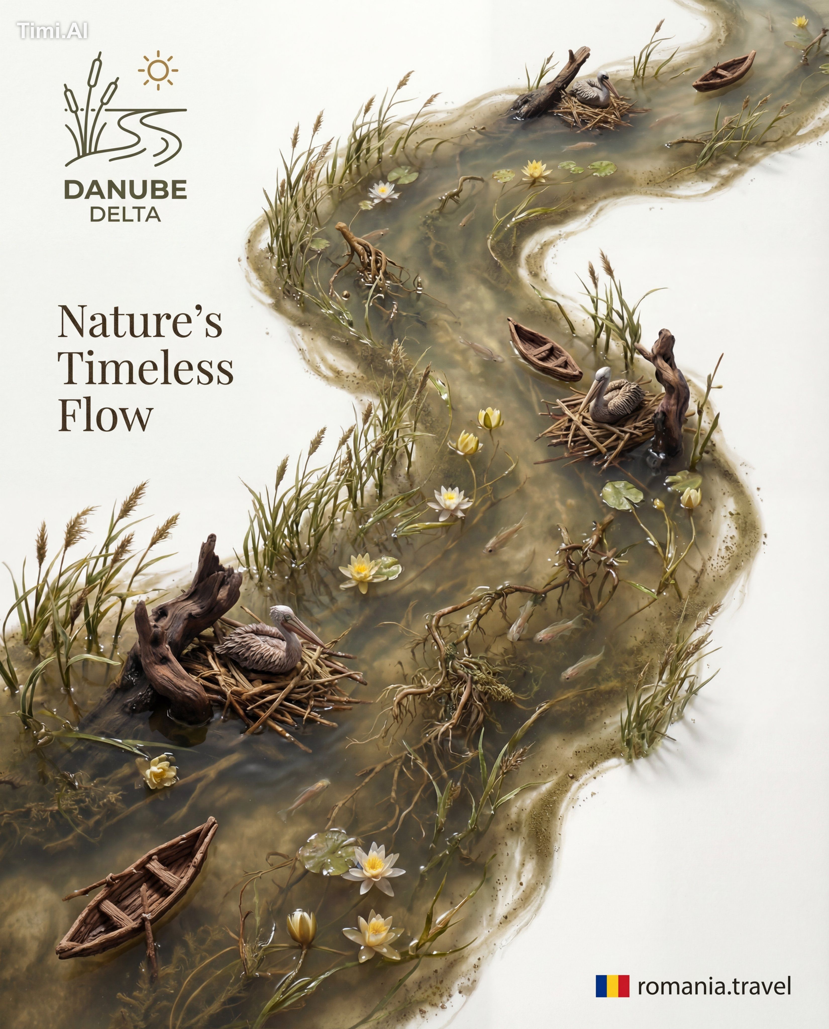 A slow-moving current of silty water, reeds, and water lilies, captured… 1