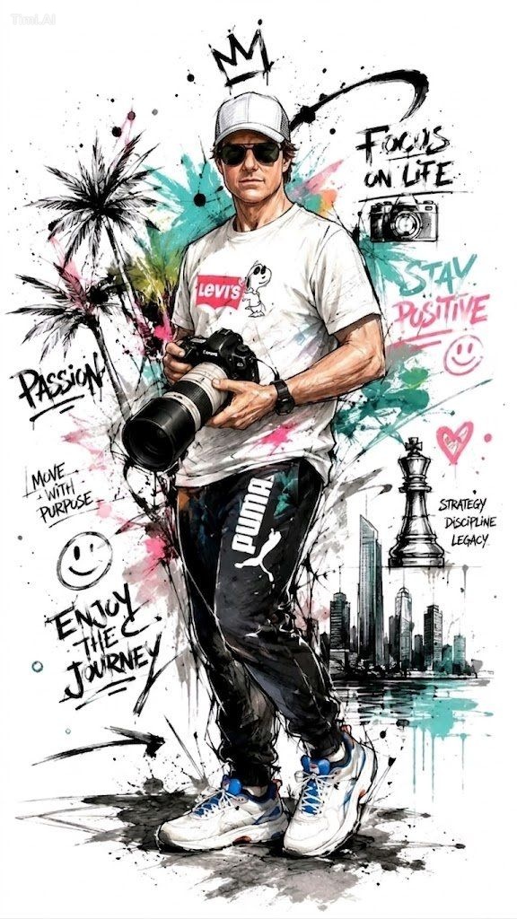Full-body portrait of Tom Cruise standing confidently against a pure wh…
