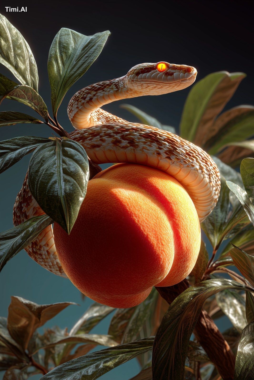 a shiny orange peach hanging from a tree, guarded by a golden snake wit…